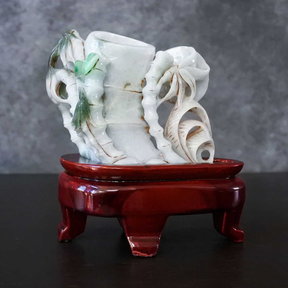 Old Chinese Natural Green Jade Jadeite Bamboo Art Carving Statue